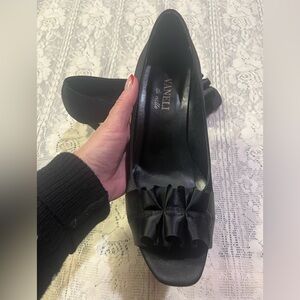 Vaneli Black Satin Peep-Toe Heels with Bow Detail